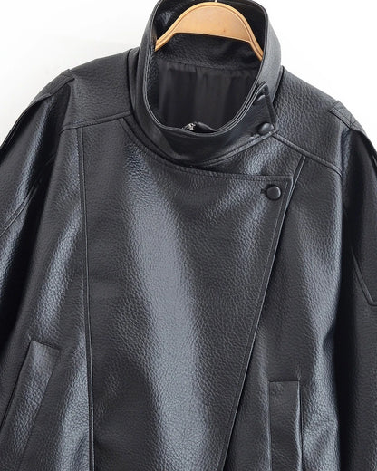 Spring Summer 2026 New Fashion Lapel Leather Jacket Women's Loose Outerwear Black Motorcycle Style Top