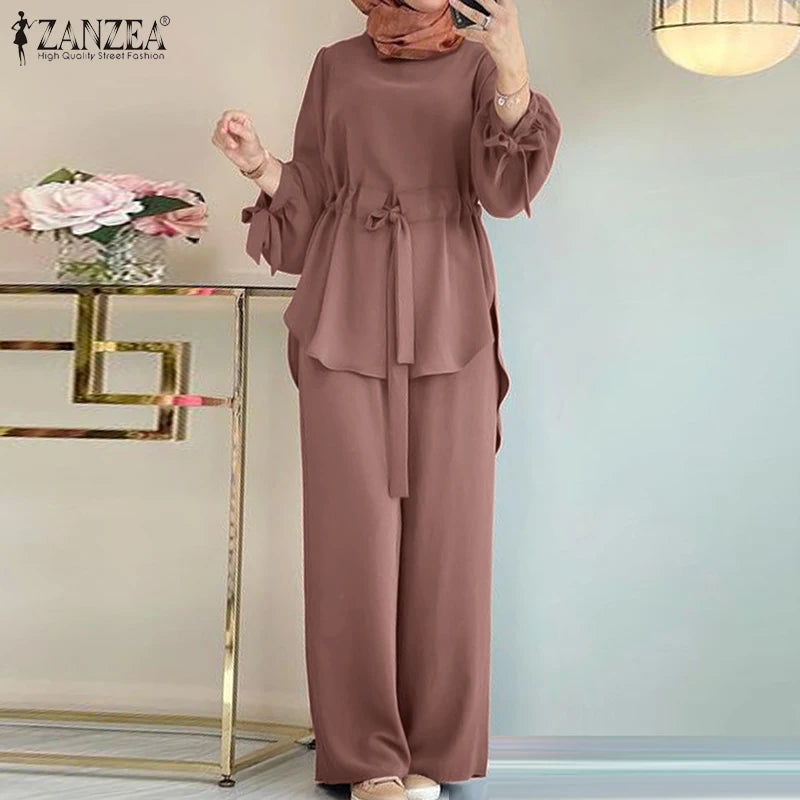 ZANZEA Muslim Women Matching Sets Long Sleeve Solid Color Tops And Loose Pant Suits Elegant Fashion Casual Tracksuit Kaftan 2025