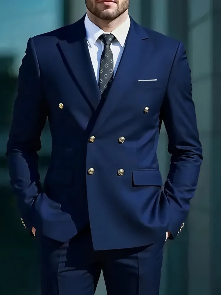Moda Novos Homens Lazer Boutique Negócios Banquete Cor Sólida Casamento Terno Slim Fit Abotoamento Duplo Blazers Calças
