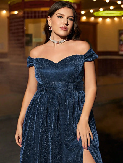Vestido de festa plus size Mgiacy, manga curta, decote em linha, fenda alta, deslumbrante, tecido plano, vestido de noite, vestido de baile, vestido de dama de honra