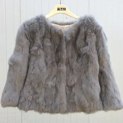 2024 New Women's Real Fur Coat High-waist Round Collar Cardigan Long-sleeved Slim Fit  Rabbit   Jacket Women T197
