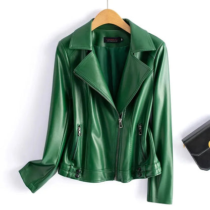Jaqueta de couro legítimo feminina estilo streetwear, segunda camada em pele de carneiro, casaco curto, outono inverno, verde, motoqueira, agasalho casual
