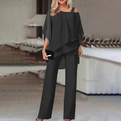 Women Trousers Sets Two Pieces Sale Sexy Off Shoulder Half Batwing Sleeve Blouse&OL Wide Leg Loose Pant Suits NMD-6666
