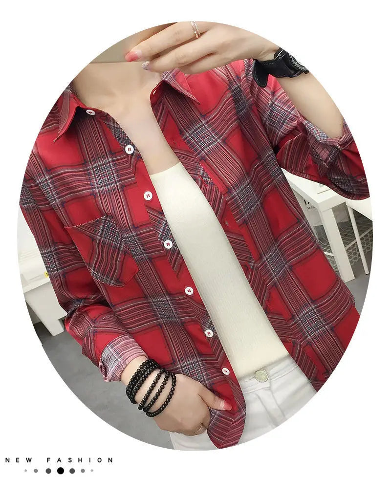 2024Spring and Autumn New College Style Women's Long sleeved Bottom Top Cardigan Long sleeved Fashion Plaid Shirt