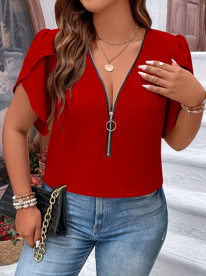 Plus Size Summer Women Elegant Zipper Chiffon Blouses Shirt Casual Office Lady Sollid Tops V Neck Female Clothing