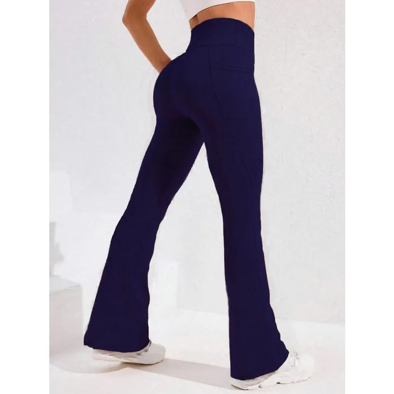 Calça Legging Yoga Feminina Cintura Alta Flare com Bolso Empina Bumbum Calça de Corrida Perna Larga Calça para Academia Esportes ao Ar Livre Ciclismo