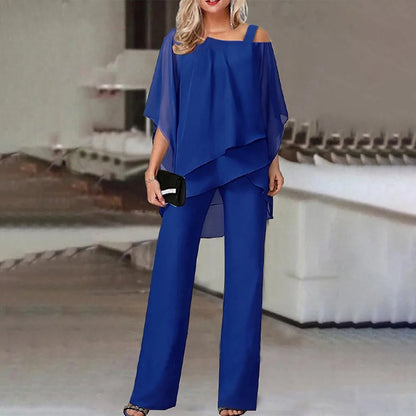 Women Trousers Sets Two Pieces Sale Sexy Off Shoulder Half Batwing Sleeve Blouse&OL Wide Leg Loose Pant Suits NMD-6666