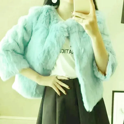 2024 New Women's Real Fur Coat High-waist Round Collar Cardigan Long-sleeved Slim Fit  Rabbit   Jacket Women T197