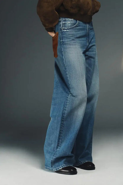 Deeptown Baggy Women Blue Jeans Vintage Casual PU Leather Brown Patchwork Straight Denim Trousers Classic Basic Chic Female Jean