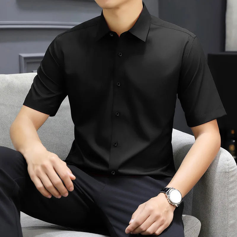 Men's Solid Black Short Sleeve Dress Shirt Classic Regular Fit Business Shirt
