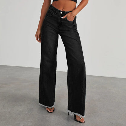 Calça Jeans Feminina Primavera Verão, Cor Sólida, Modelagem Larga, Costura Lateral e Barra Desfiada